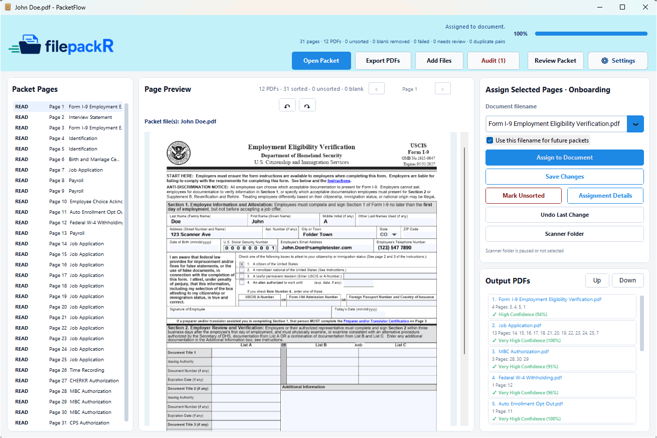 filepackR interface showing scanned paperwork organized into correctly named digital files